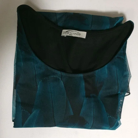 Sese Code Teal Feather Sheer Mesh Tunic Blouse Sz XL Flowy Flutter Boho Mature - Picture 7 of 8